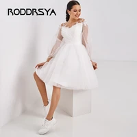 roddrsya%e3%80%80scoop a line short wedding dress knee length long sleeves lace bridal gown little white custom made robe de mariee