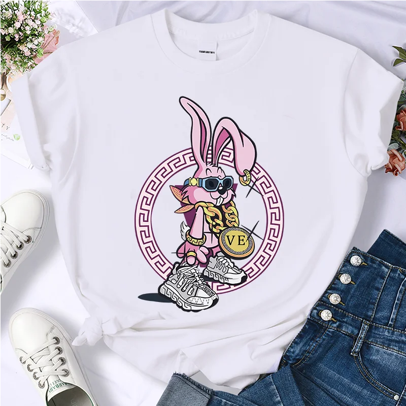 

Newest Women's Summer Luxury Rabbit Print Y2k T-shirt Ladies Short Sleeved Tees Clothing Loose Pure 100%Cotton Soft Tops S-7XL