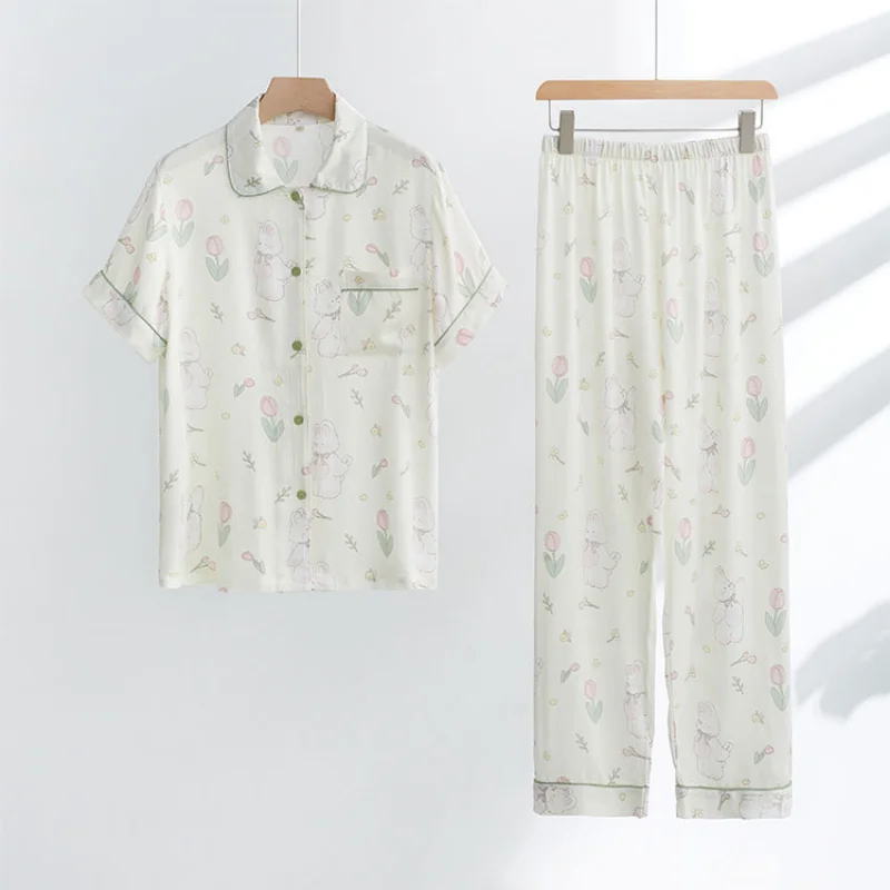 

Women's Satin Short Sleeve Long Pants Pajamas Sweet and Cute Comfortable Home Wear Viscose Turn-down Collar Cartoon Loungewear