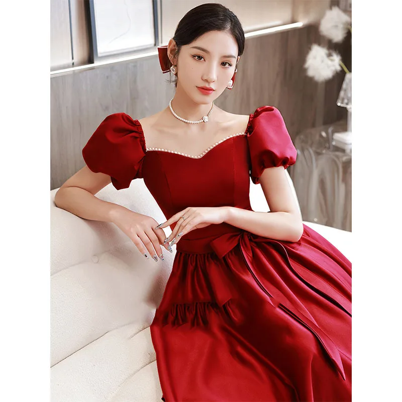 Fashion Waist Bow Square Collar Puff Sleeve Back Bandage A-Line Evening Dress Women Formal Gowns Robe De Soiree Cheongsam