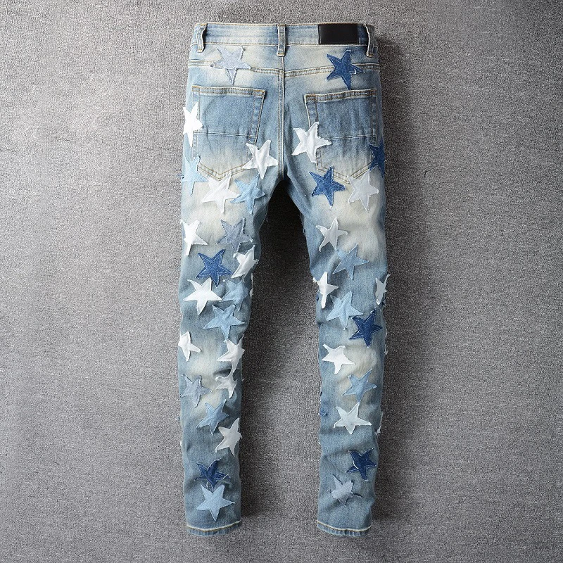 AM Luxury Brand Men's Jeans Light Indigo Star Patchwork Embroidery Skinny Denim Pants Harajuku Men Slim Fit Ripped Pencil Jeans
