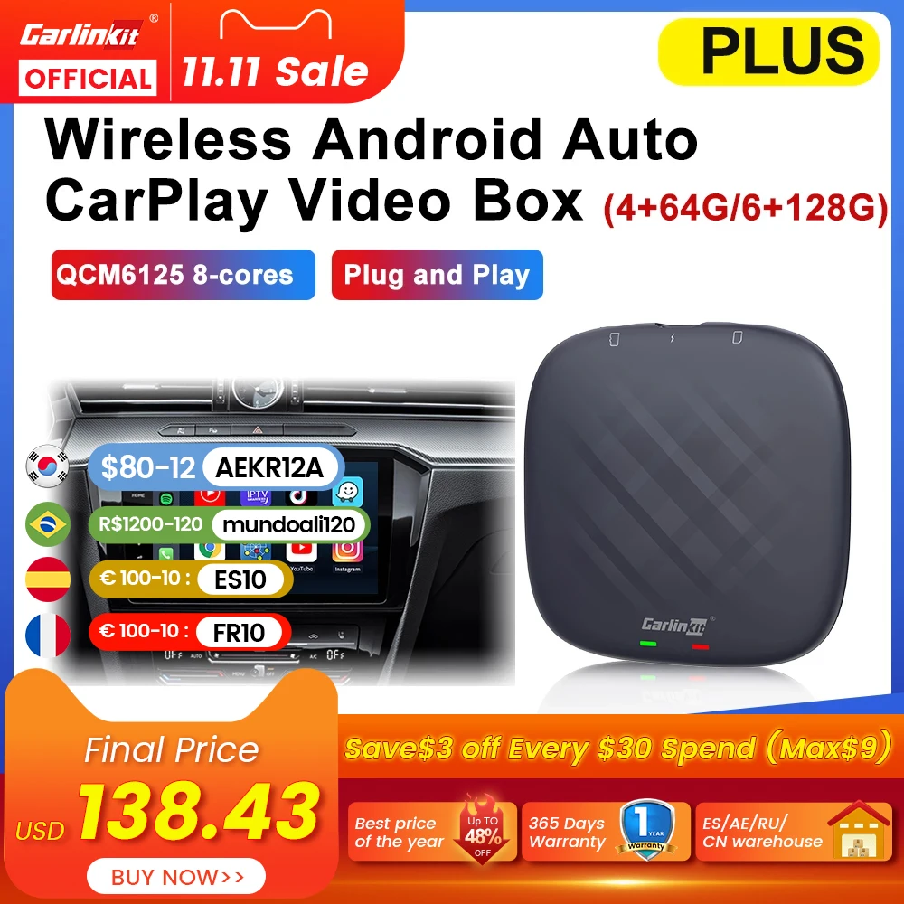 Pаспродажа CarlinKit CarPlay Ai Box Android 11 Plus QCM6125 665 8-ядерный Беспроводная связь Android Auto и Apple CarPlay Netflix YouTube IPTV Box 4G+64G 6G+128G Для автомобиля с проводным OEM CarPlay