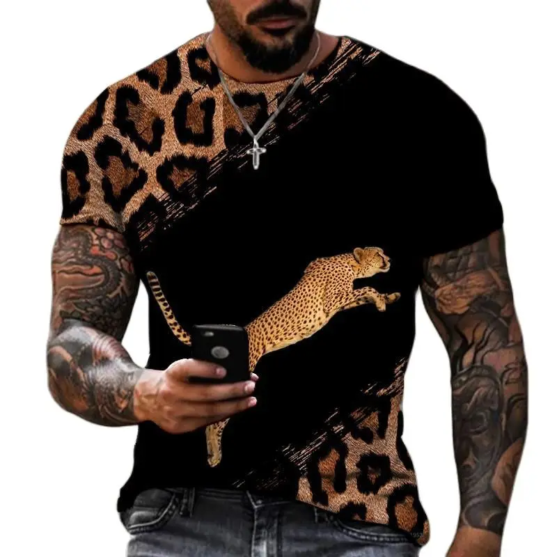 

Summer Men Fierce Cute Animal Leopard Graphics 3d Printed O Collar Short Sleeve Fashion Casual Loose Street Plus Size Top