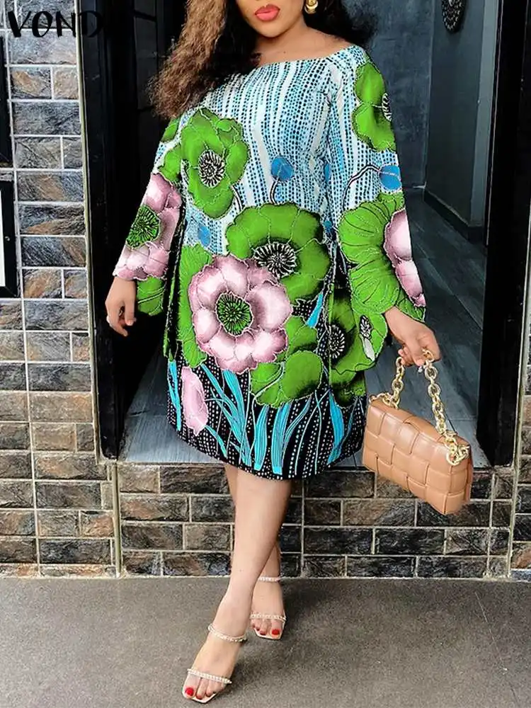 Plus Size Women 2023 Summer Sundress VONDA Floral Printed Party Dress Long Flare Sleeve Vestidos Casual Loose Bohemian Midi Robe