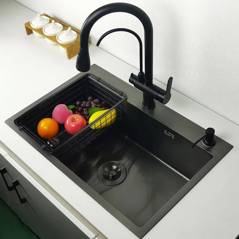 

matte black kitchen sink above counter or udermount vegetable washing basin sinks dark grey stainless steel seamless welding pia