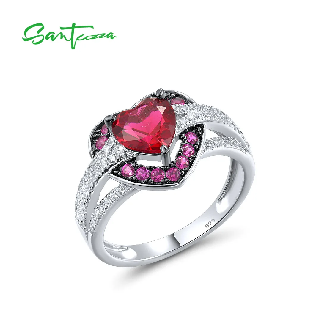 

SANTUZZA 925 Sterling Silver Rings For Women Sparkling Red Stones White CZ Heart Solitaire Ring Gorgeous Wedding Fine Jewelry