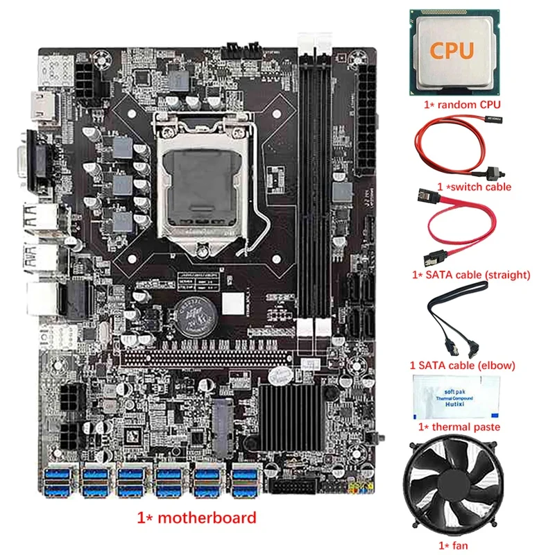 B75 12 Card BTC Mining Motherboard CPU+Fan+Thermal Grease+Switch Cable+2 SATA Cable 12 USB3.0 LGA1155 DDR3 RAM SATA3.0