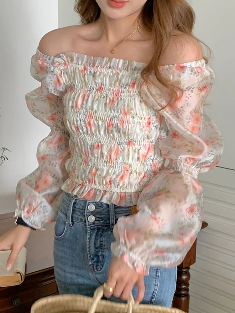 

Женская плиссированная рубашка с квадратным вырезом, эластичная блузка контрастных цветов с принтом, новинка весны-лета 2023, блузка с пышными рукавами H144