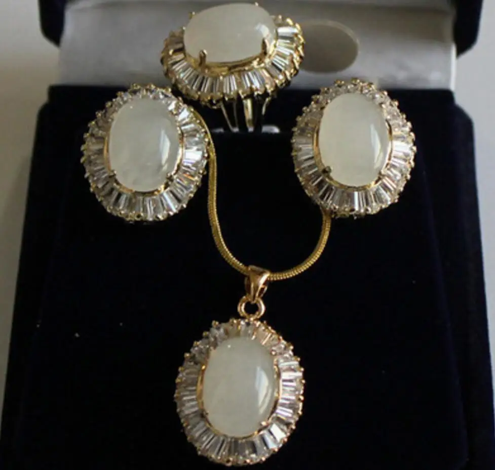 

Excellent Jewelry White Zircon Opal Beads Pendant Earring Ring Set