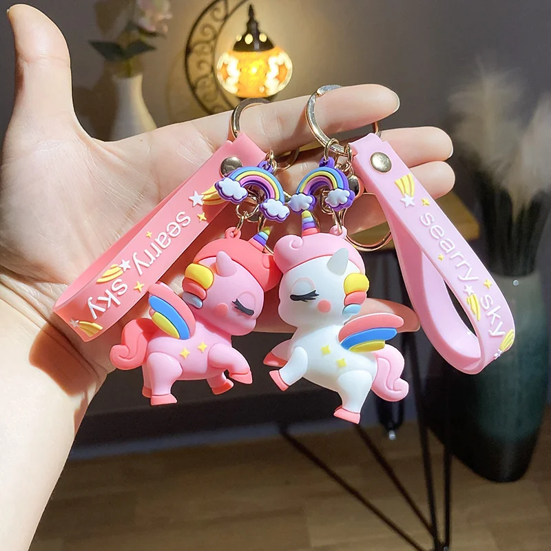 

Macaron color rainbow unicorn doll key chain cute student key chain gift bag key chain decoration hanging chain wholesale