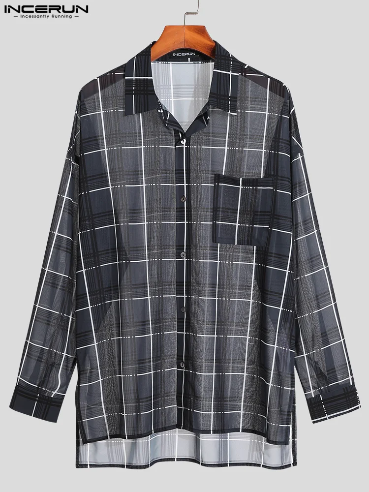 INCERUN Tops 2022 Korean Style Men's Fashion Plaid Blouse Casual Streetwear Male See-through Long Sleeve Thin Lapel Shirts S-5XL