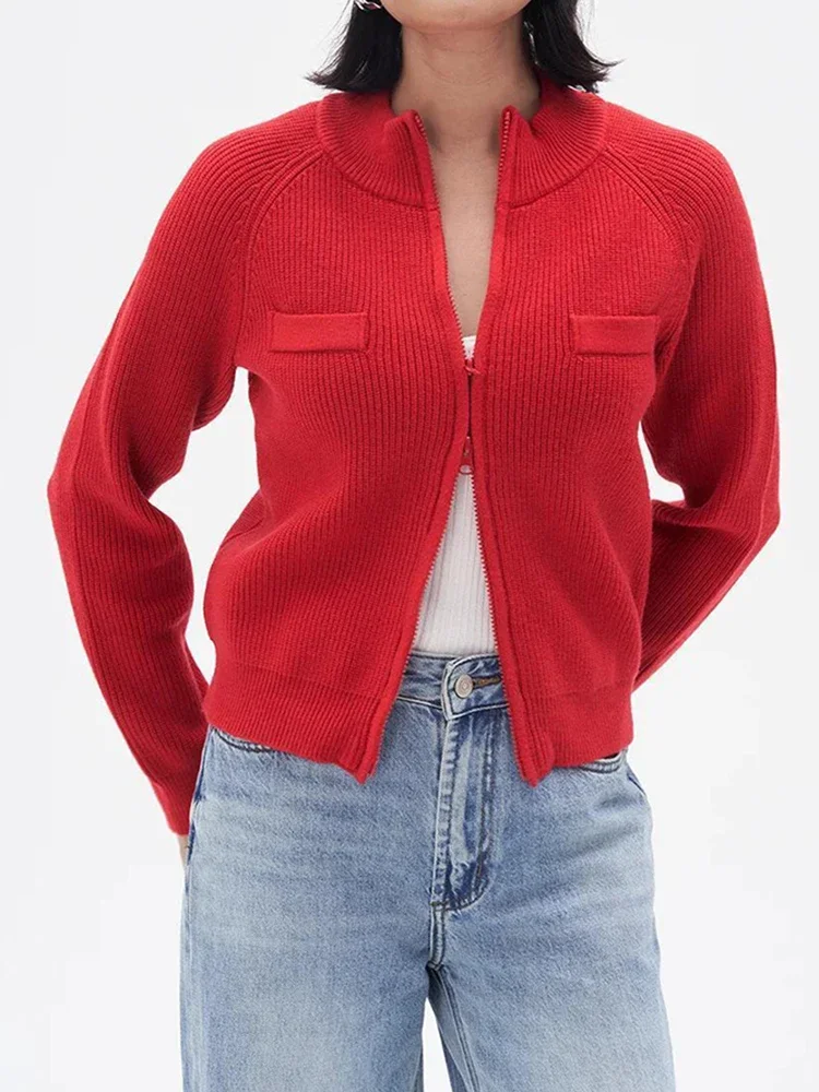 Однотонное женское пальто-кардиган с двусторонней молнией свитер