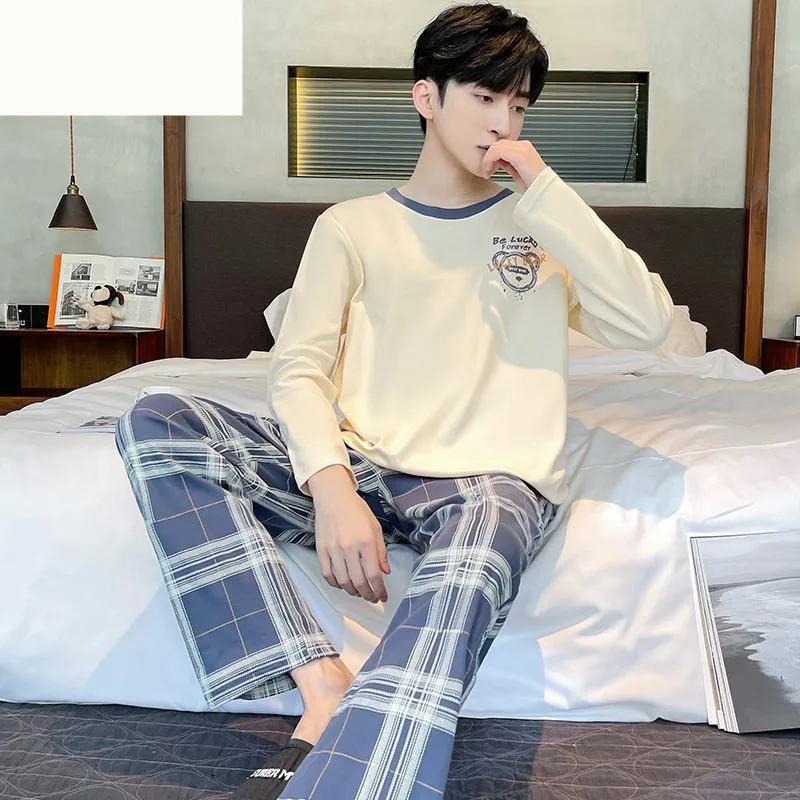 L-5XL Pajamas Men's Spring Autumn Cotton Casual Long Sleeve Pants Pijamas Two Piece Korean Loose Sleepwear Home Clothing Suit
