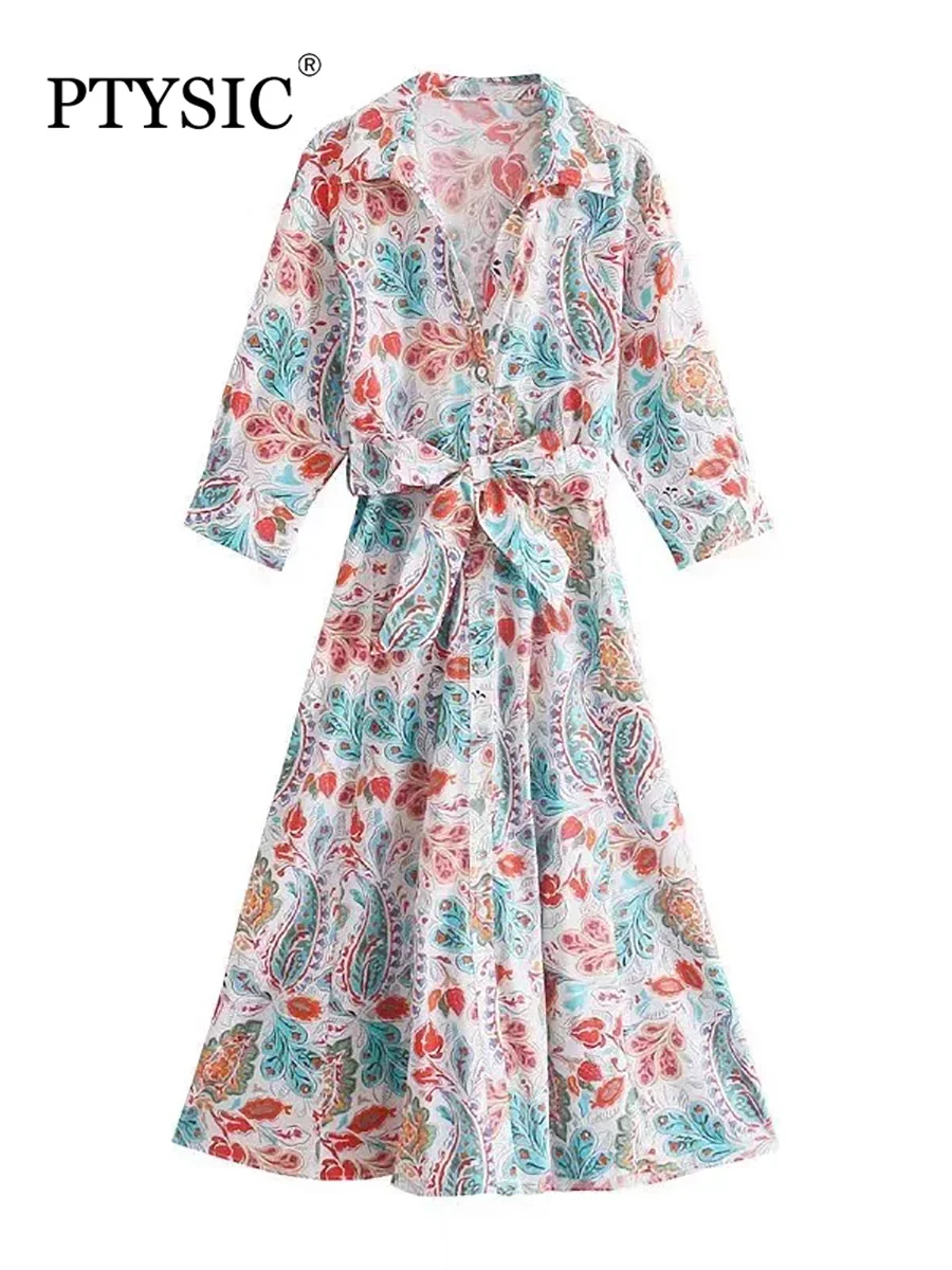 

Стильная женская рубашка PTYSIC с принтом, платье миди с длинным рукавом, летнее однобортное винтажное платье с поясом и бантом, 2022