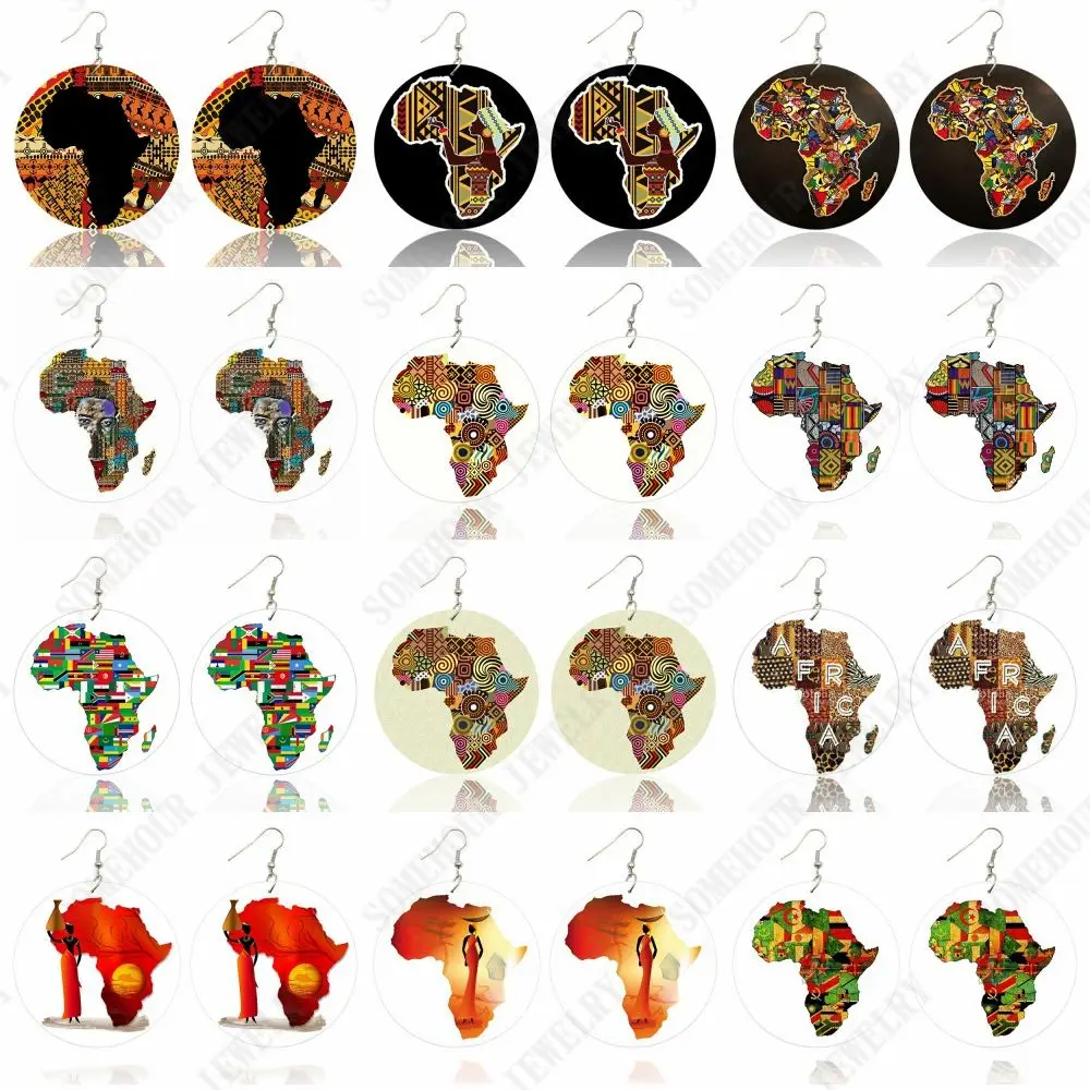 

SOMEHOUR African Map Arts Printed Wooden Drop Earrings Black Hope Love Faith Afro Ethnic Loops Pendant Dangle Jewelry For Women