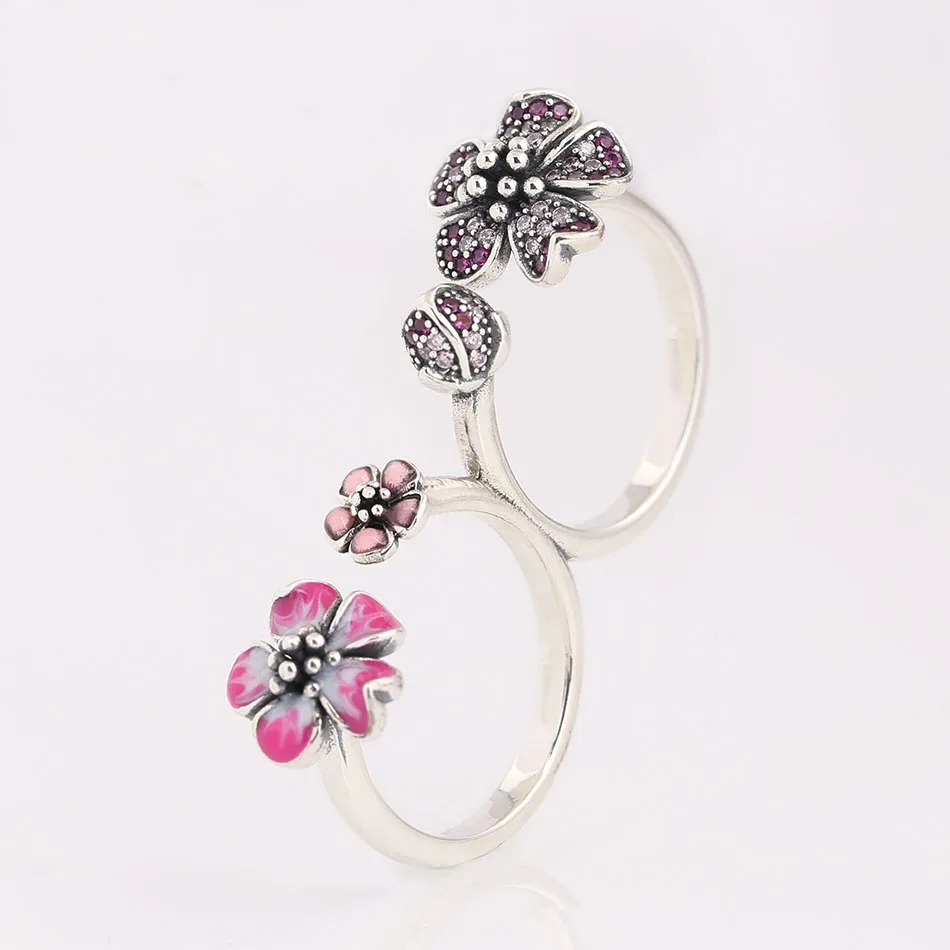 

Enamel Peach Blossom Flower With Crystal Ring For Women Authentic S925 Sterling Silver Lady Jewelry Girl Birthday Gift