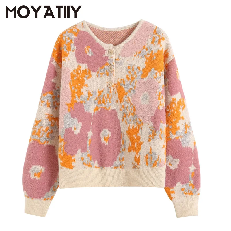 

MOYATIIY Women 2022 Fashion Floral Jacquard Knit Sweater Retro Flower Pattern Pullovers O-Neck Latern Sleeve Female Tops