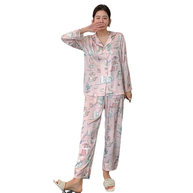 2023 Autumn Ice Silk Pajamas Women's Long-Sleeved Tiger Printed Pajamas Suit High-Grade Internet Celebrity Homewear