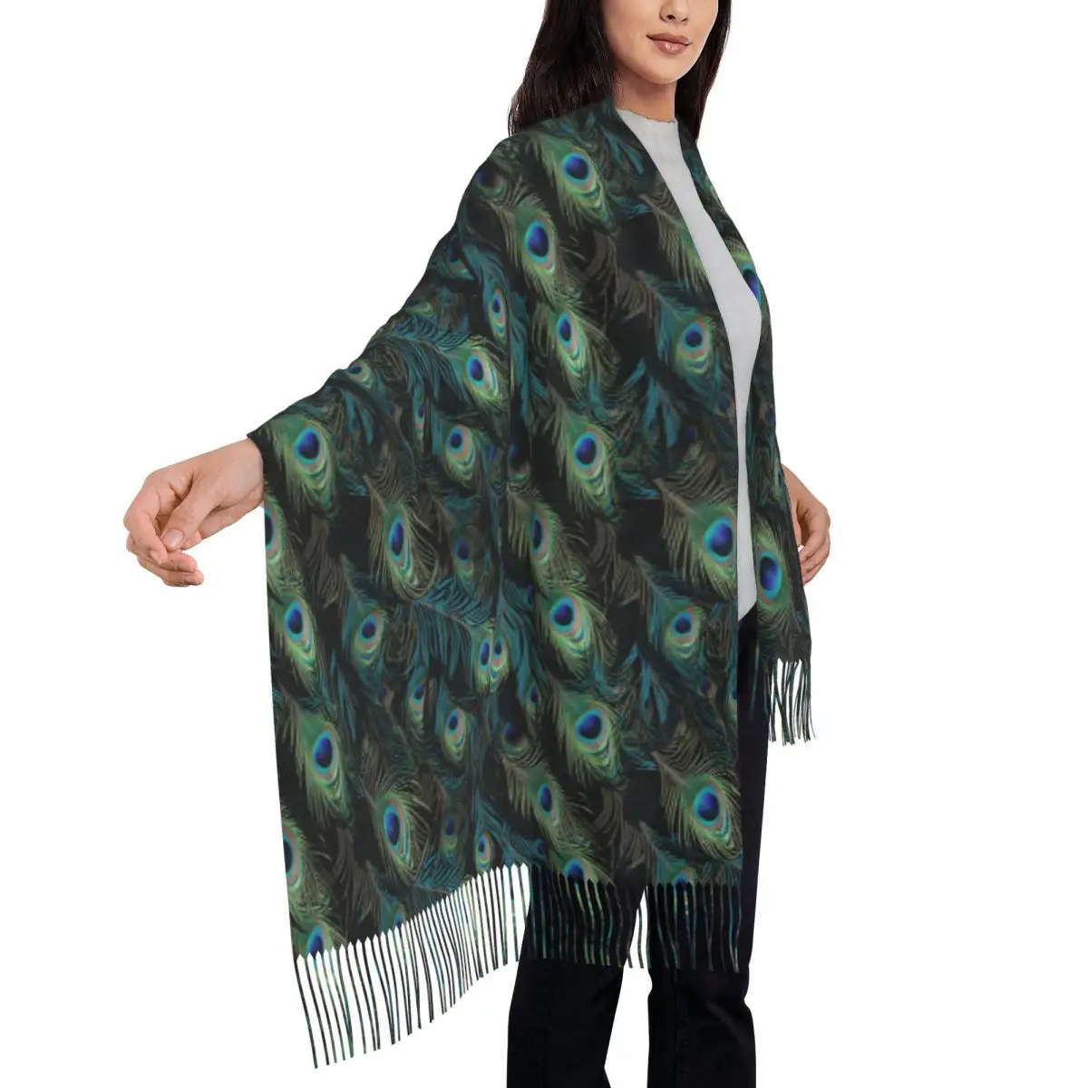 Peacock Feathers Scarf Wrap Women Long Winter Warm Tassel Shawl Unisex Scarves