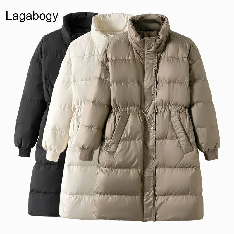 

Lagabogy 2022 New Winter Stand Collar Long Women White Duck Down Jacket Female Loose Windproof Khaki Parka Thick Warm Snow Coat