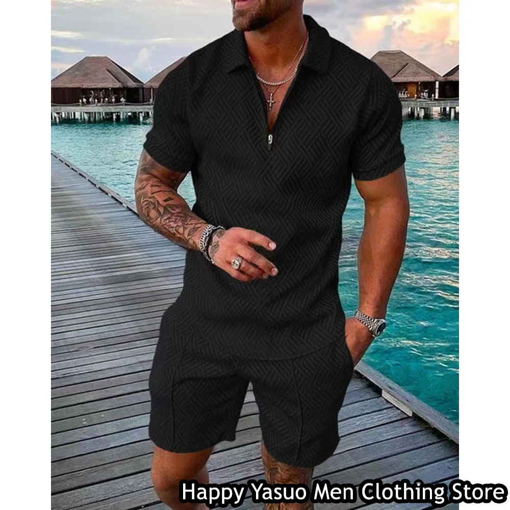 Summer Men Fashion Polo Shirt Set 2 Pieces Casual Tracksuit Solid Color Printing Outfit Male Suit Retro Style Holiday Clothing