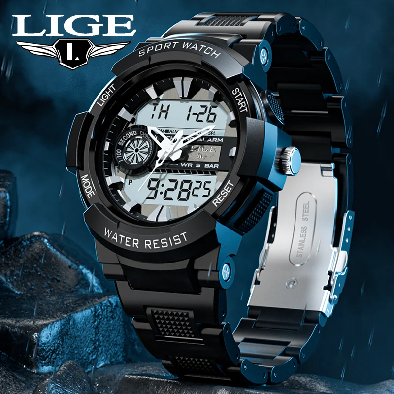 

LIGE Electronic Quartz Men's Watches Date Dual LED Luminous Fashion Waterproof Chronograph Diaplay Outdoor Sport Watch For Man