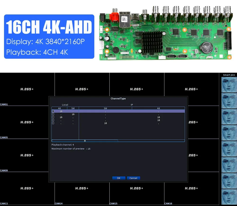 Фото H.265 16-канальный 4K DVR-рекордер с поддержкой 8MP/5MP, функциями распознавания лиц и объектов, Xmeye-Pro и ICSee. №4
