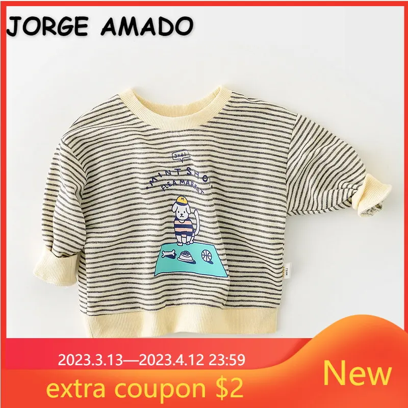 

Корейский стиль, новинка, весенне-осенние толстовки для девочек и мальчиков, топ с длинными рукавами и круглым воротником в полоску и с соба...