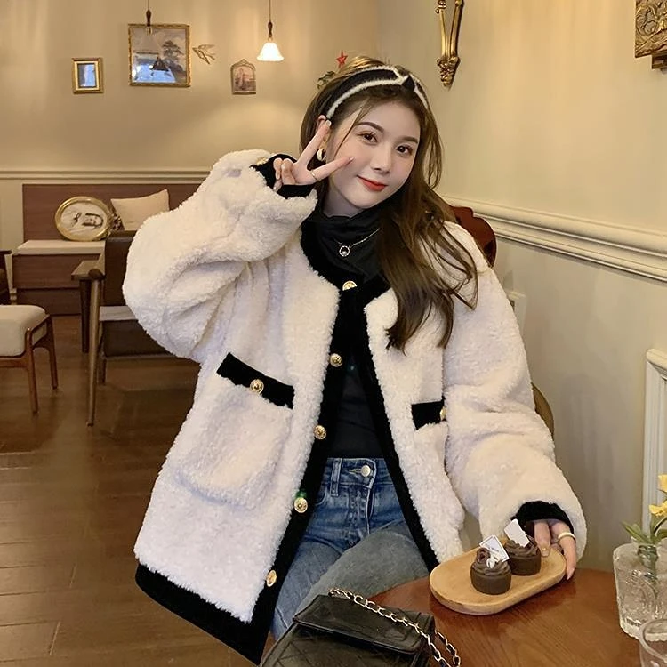 

Little Fragrant Coat Lamb Wool Coat Women's Autumn and Winter 2022 New Loose Color Contrast Fried Street Quality Plush Top