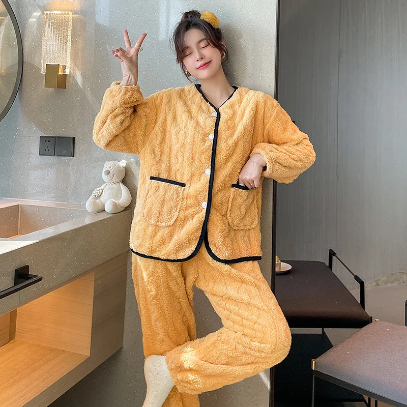 Autumn and Winter New Thickened Cotton Velvet Coral Velvet Pajamas Women's Long-Sleeved Trousers Warm Suit Flannel Home Wear