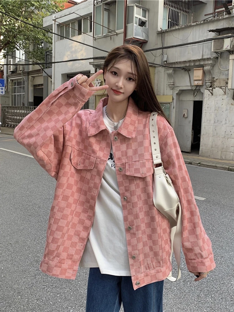 

Checkerboard denim jacket female spring and autumn new Harajuku style trend retro loose POLO collar long-sleeved jacket jacket