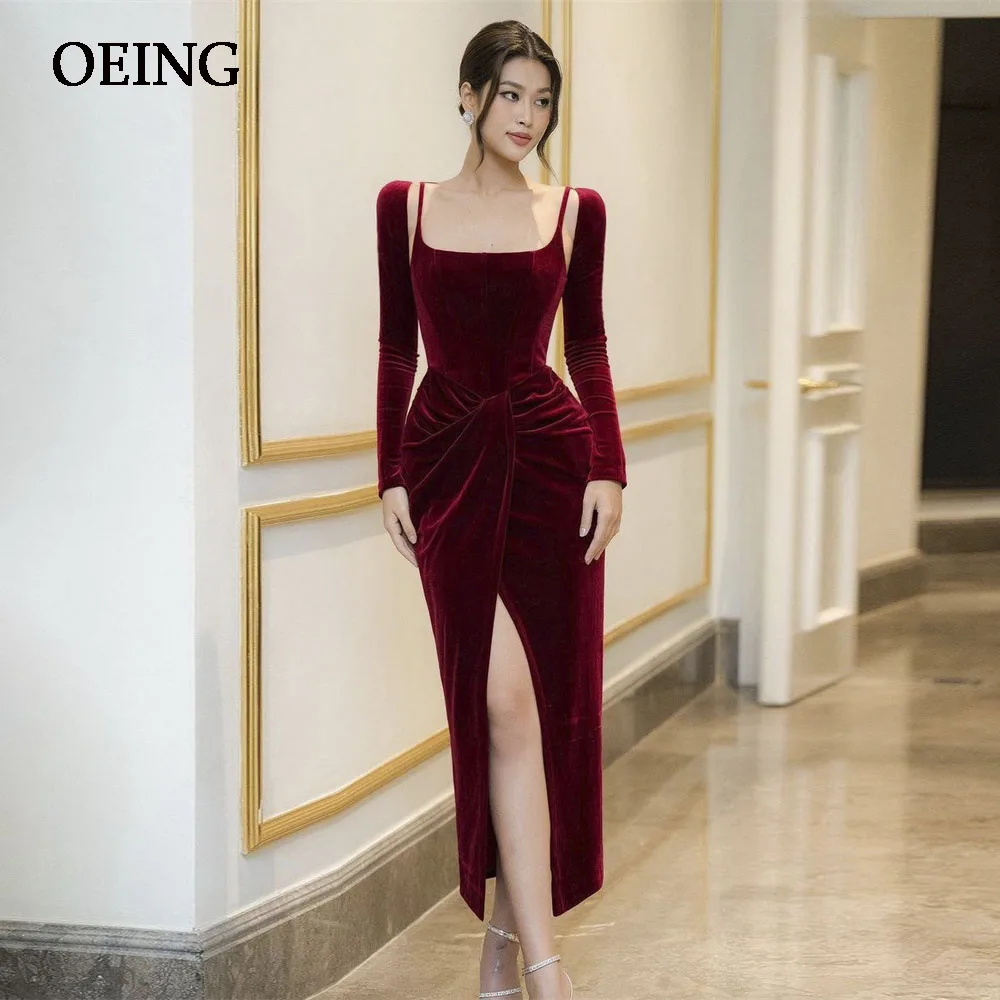 

OEING Red Velour Prom Dresses Sexy Cocktail Evening Dress Long Sleeves Ankle Length Elegant Dresses For Formal Occasion Gowns