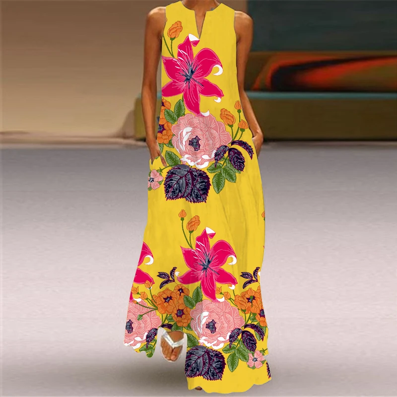 

3D Print Maxi Long Dress Summer Holiday Beach Casual Elegant Vintage Dresses Woman 2022 Party V Neck Sleeveless Long Dress Women