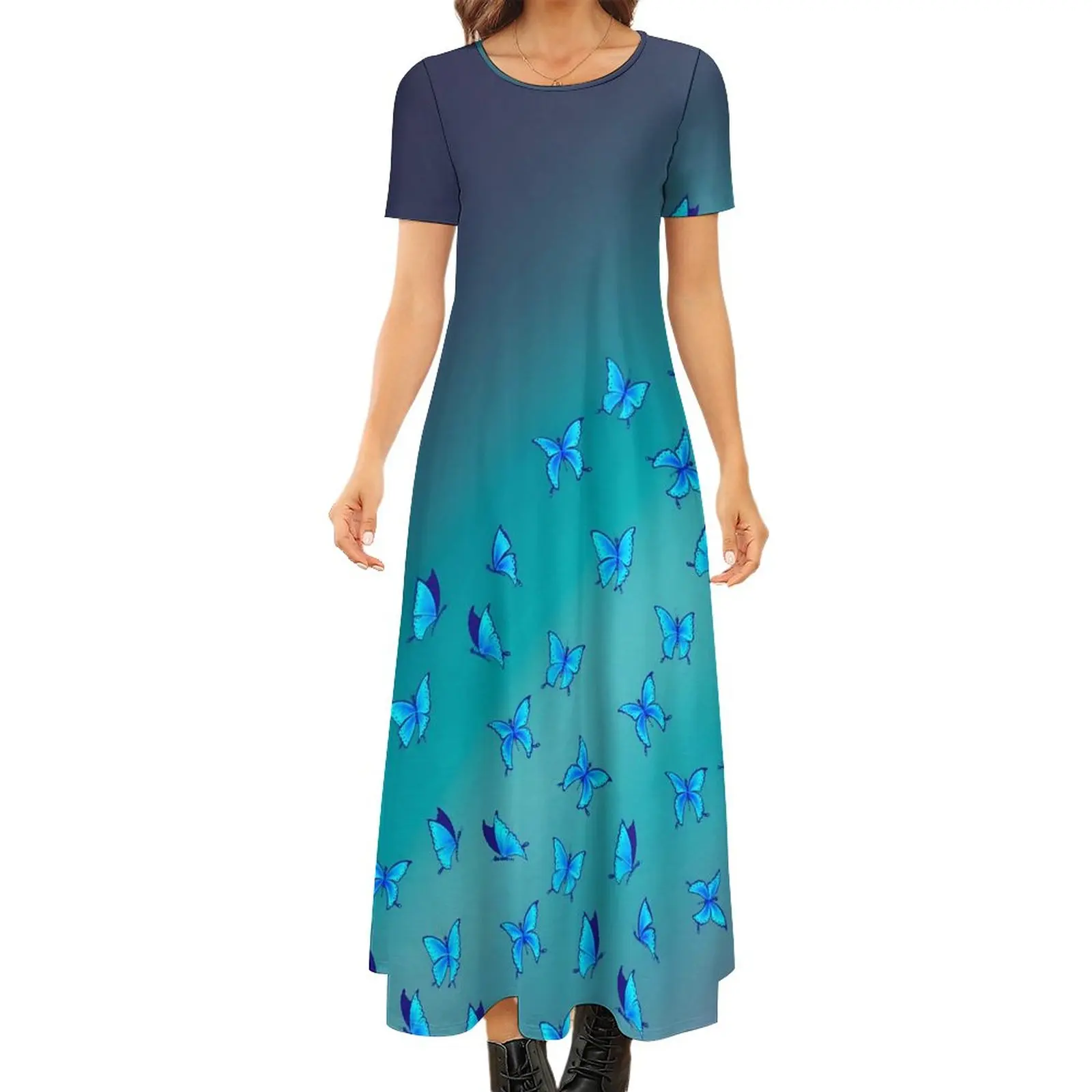 

Платье-макси в стиле бохо с Зачарованными бабочками, женское пляжное длинное синее платье с животными, с коротким рукавом, 5XL, 6XL, 7XL