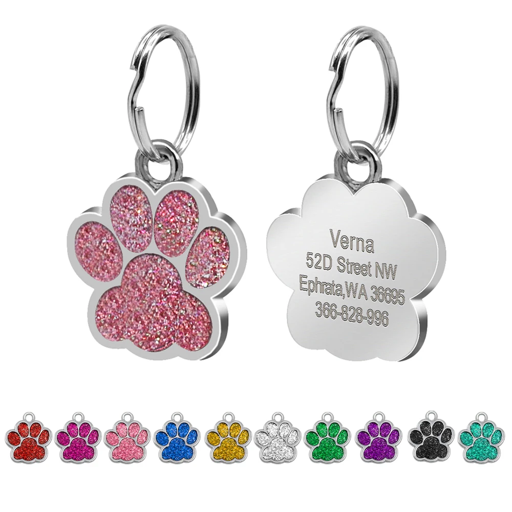 

Personalized Pet Dog Cat ID Tag Free Engraved Pet ID Name Collar Tags Pendant Customized Dog Paw Glitter Pendant Pet Accessories