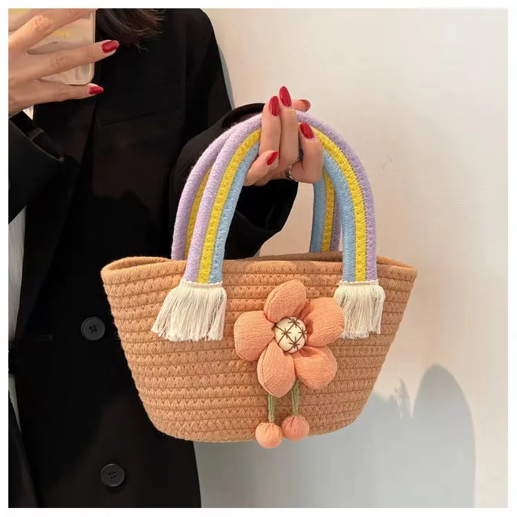2022 Summer Women Straw Bags Trend Designer Rainbow Handle Tassels Handbag Cotton Woven Bag Large Capacity Female Beach Tote
