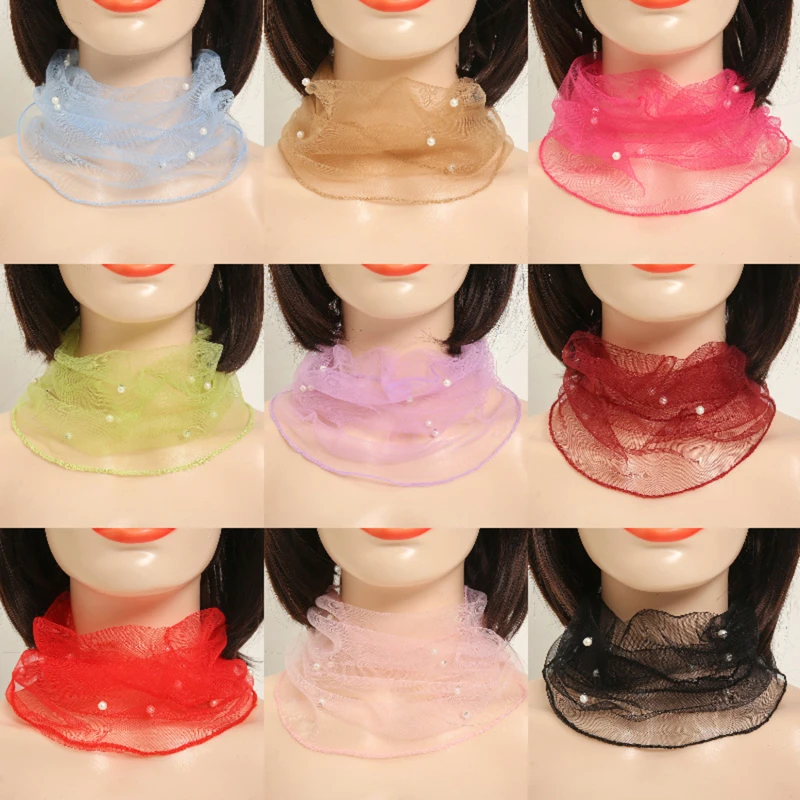 

Lace Beaded Scarf Elegant Women Mesh Fake Pearl Fake Collar Spring Summer Scarves Sun Protection Female Accessories