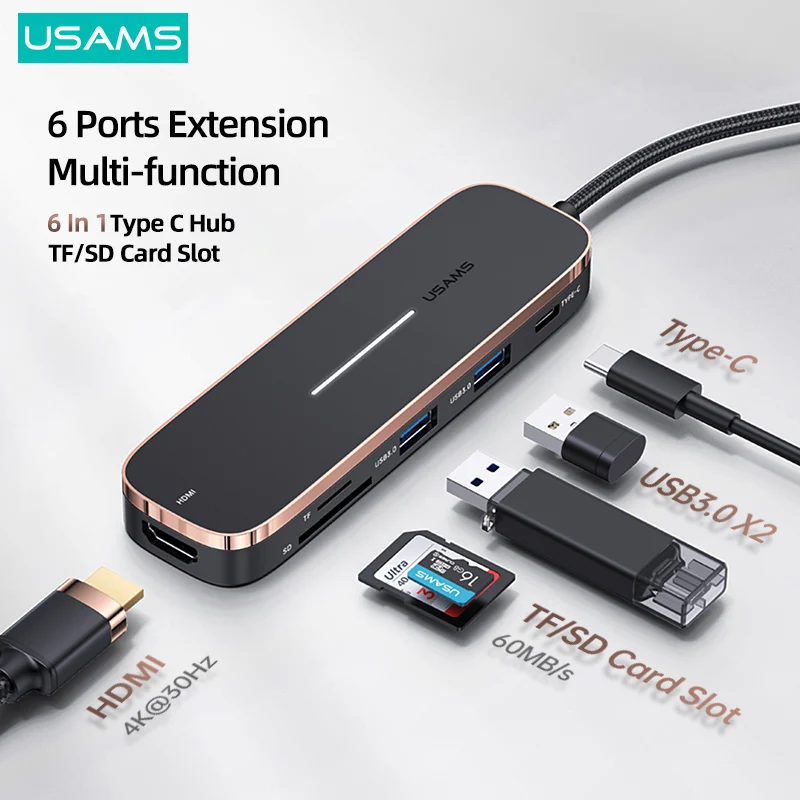  USAMS 6 в 1 PD 100 Вт Тип C концентратор USB C HDMI-совместимый 1,4 USB3.0 TF SD слот концентратор док-станция разделитель для MacBook iPad ноутбука 