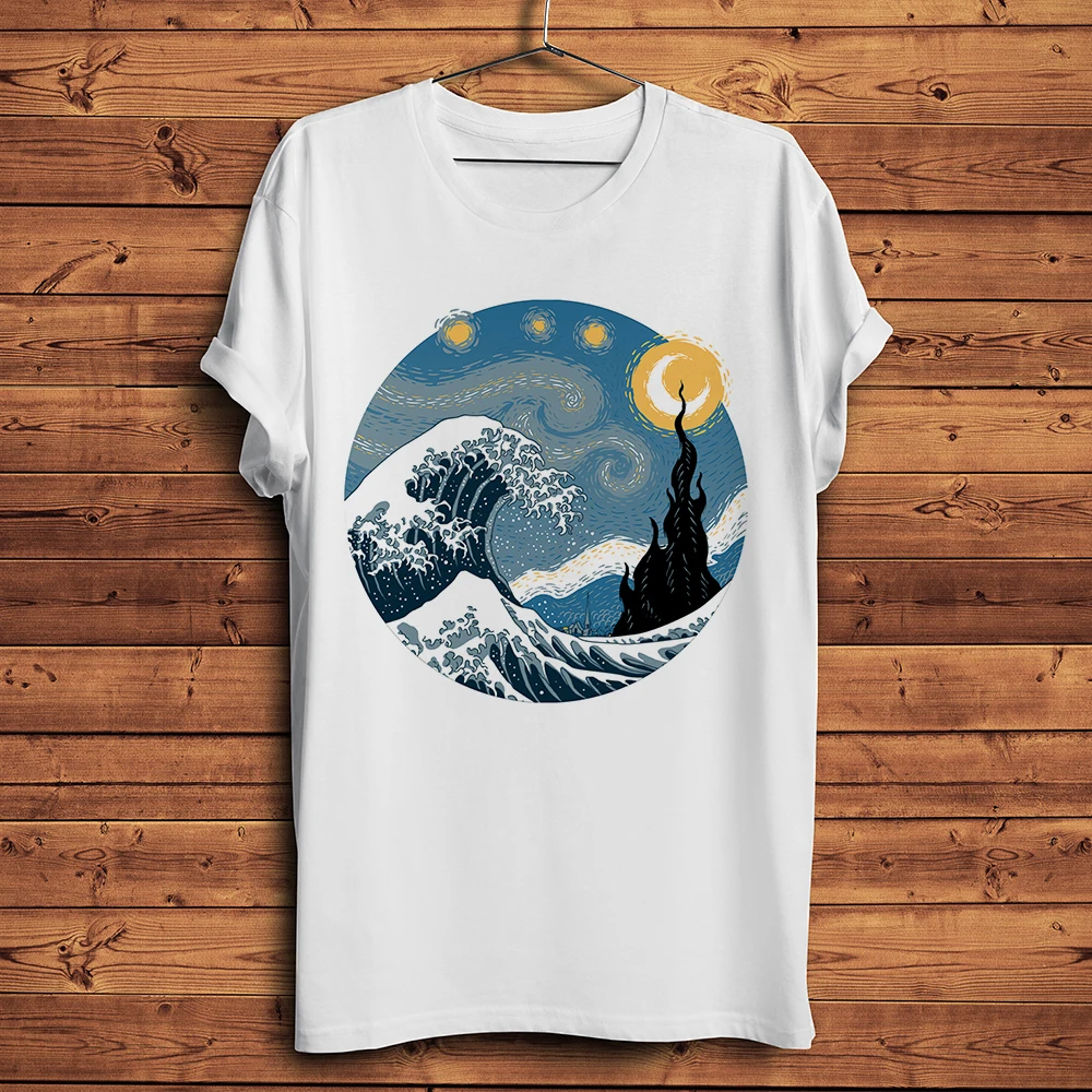 

Японская рубашка Ukiyoe с надписью «Звездная ночь», «Великая волна», канагава, мужская белая повседневная короткая футболка, уличная одежда ун...