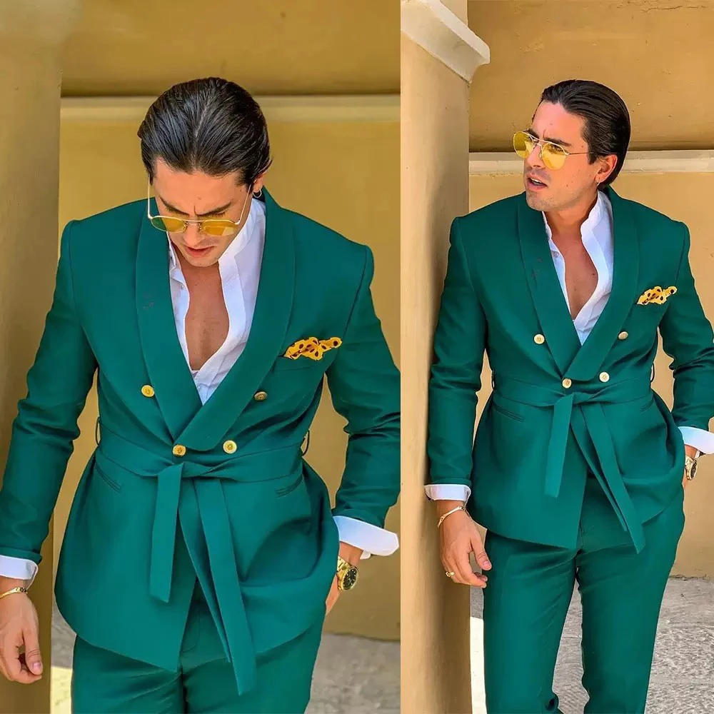 

Новый дизайн, зеленые мужские костюмы на свадьбу с поясом, двубортная формальная дорожная одежда для жениха, мужской костюм (пиджак + брюки)