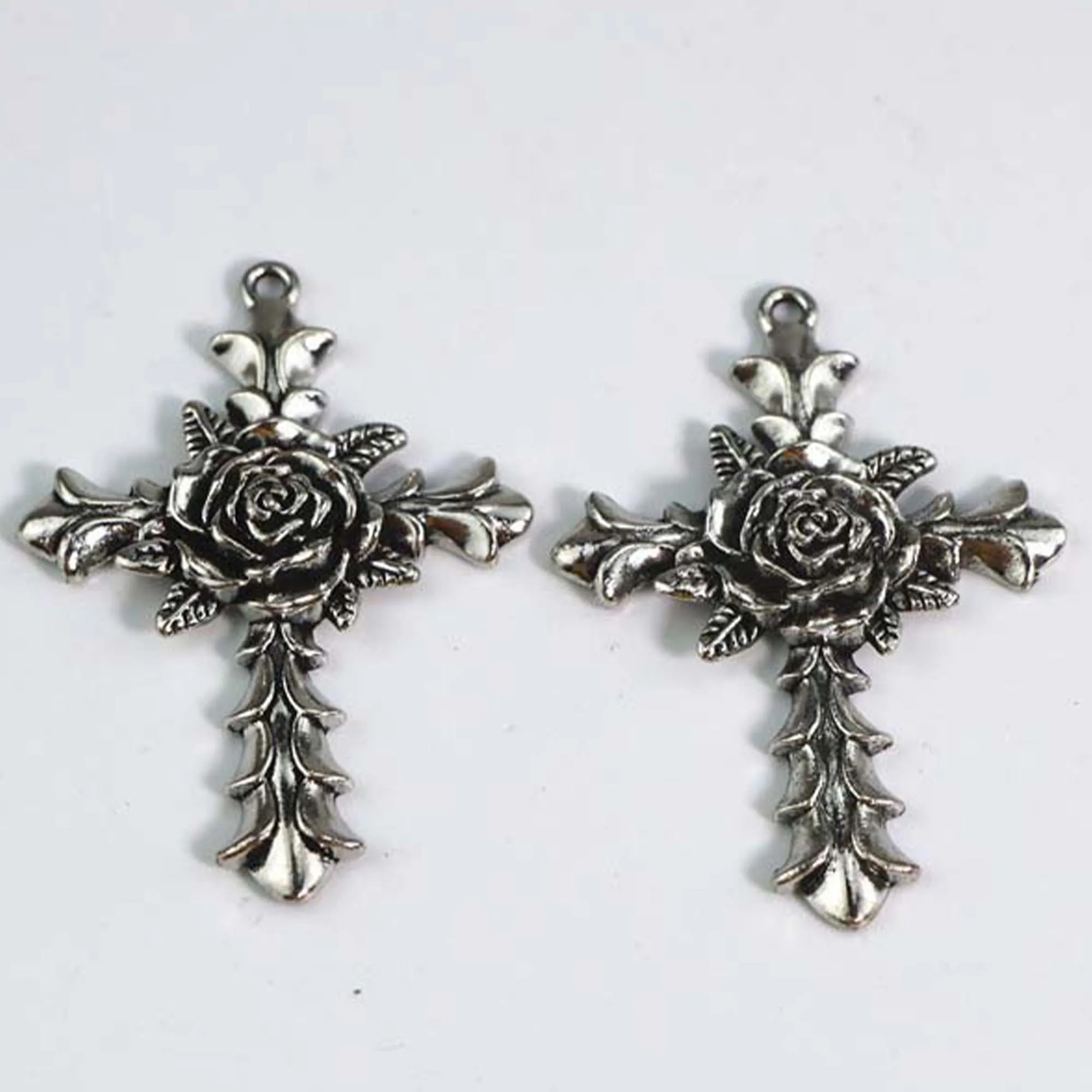 1PCS 56x40mm Silver Vintage Rose Shape Cross Pendants DIY Men and Women Necklace Bracelet Jewelry Charm Accessories