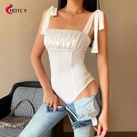 hotcy sexy backless stitching tight fitting elastic lace up sleeveless front pleated bodysuit for women