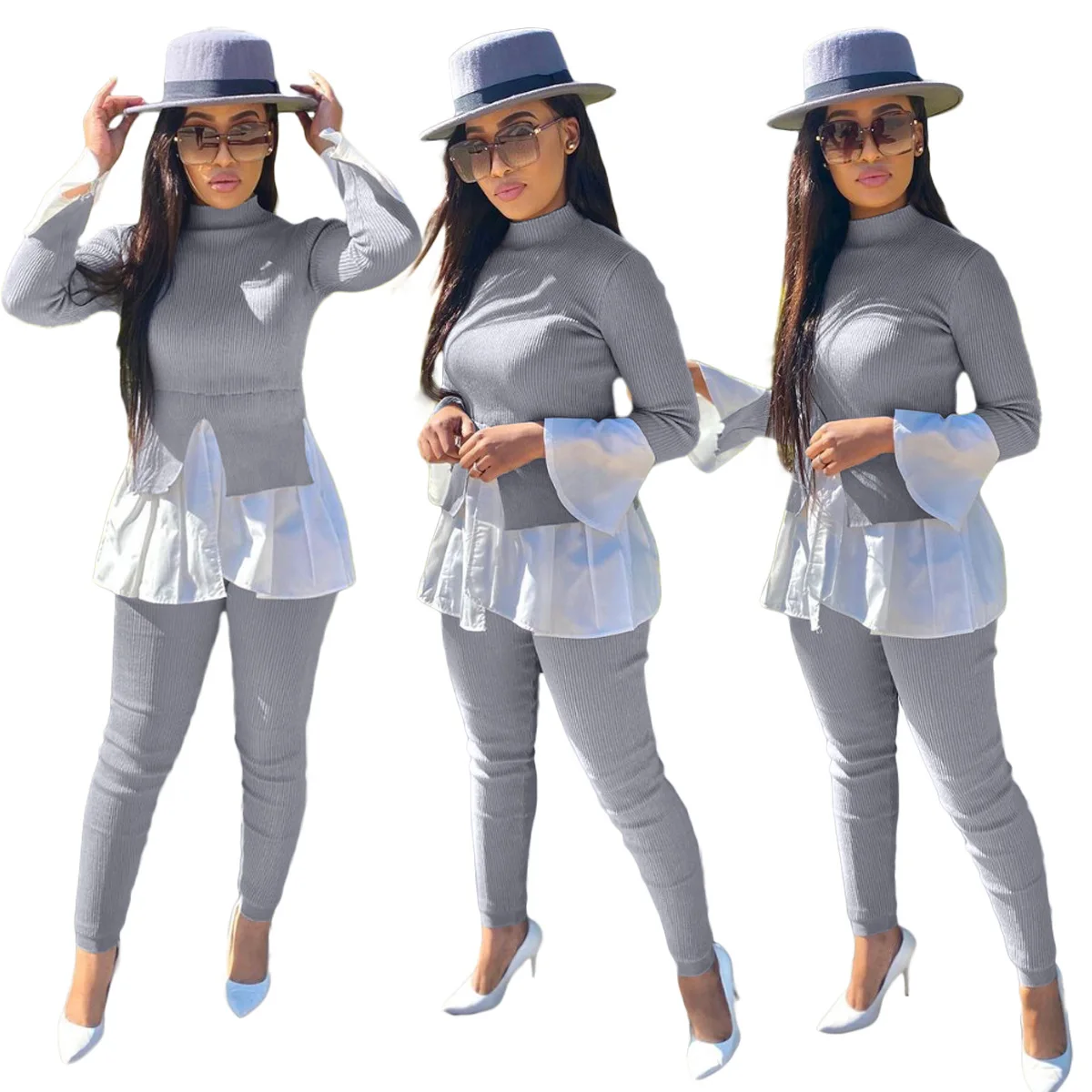 

Chiclover Patchwork Flare Long Sleeve Top Pants Set Women Elegant Pleated 2 Piece Outfits For Autumn Wholesale Dropshipping