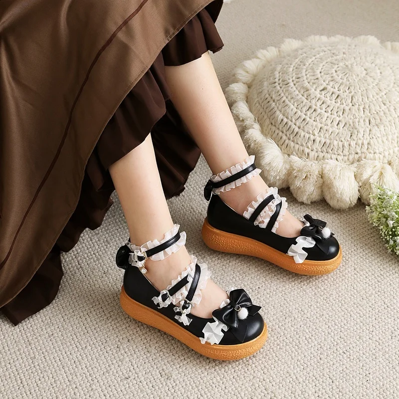 

Women Lolita Platform Mary Janes Flats Bow Hook & Loop Round Toe Sweet Ears Cosplay Princess Japanese School Girl Dress Shoes