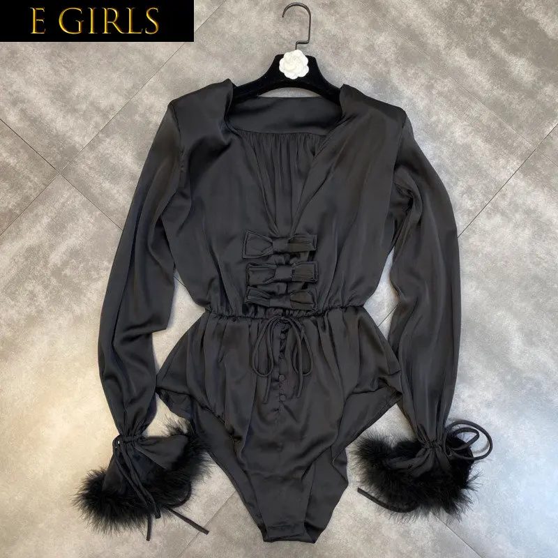 J GIRLS 2022 Fall New Arrivals Ostrich Feather Long Sleevesexy V Neck High Waist Bow Black Bodysuits Women Romper GC417