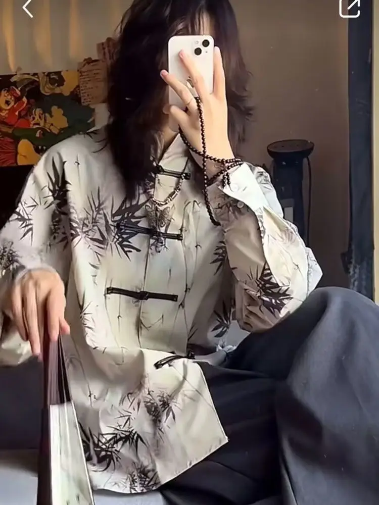 Женская рубашка в китайском стиле с длинными рукавами и воротником-стойкой