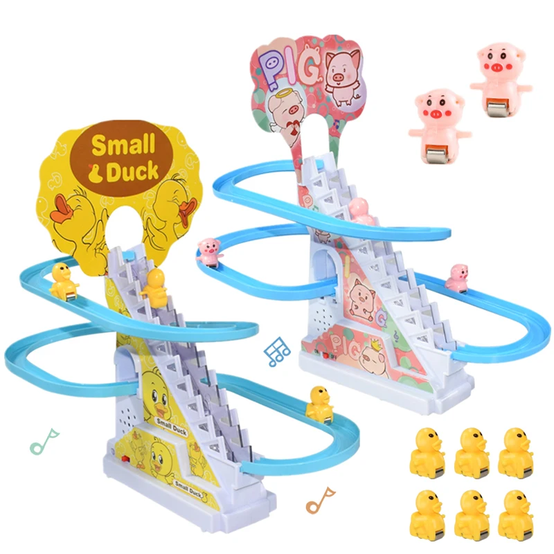 

DIY Rail Racing Track Electric Small Duck Climbing Stairs Toy Pig Action Figures Toys Music Roller Coaster Duck Toy For Kid Gift