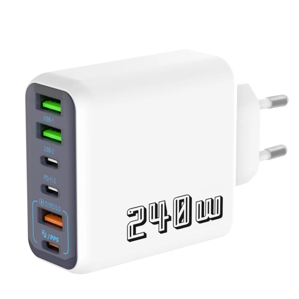 Фото 6-портовое зарядное устройство USB Type-C с быстрой зарядкой 240 Вт, PD 3.0, адаптер для путешествий, зарядка для iPhone и Samsung, поддержка стандартов US и EU. №2