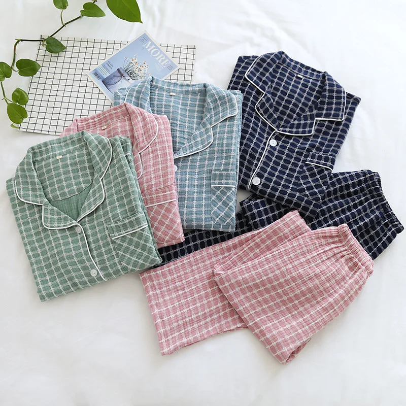 Couples Pajama Set 100% Cotton Crepe Women And Men Home Suit Female Sleep Top Bottom Sleepwear Long Sleeve Soft Pyjamas