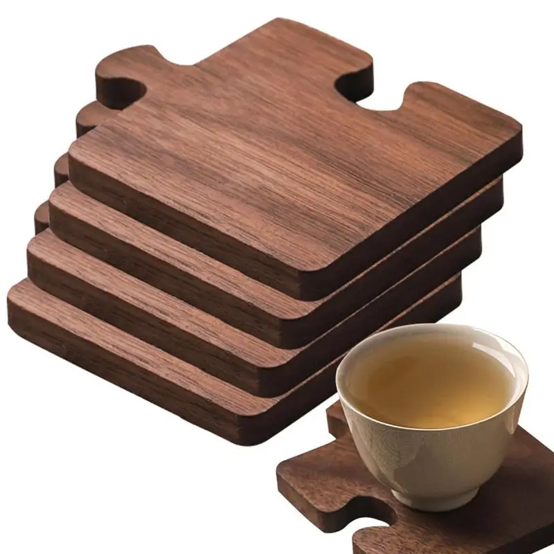 

Wooden Tea Coasters 4PCS Puzzle Shape Rustic Teacup Pad Natural Textures Elegant Drink Coaster Teacup Mat For Living Rooms Bars